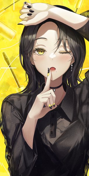 Anime picture 2753x5415 with original gongha single long hair tall image looking at viewer blush fringe highres open mouth black hair simple background hair between eyes yellow eyes upper body long sleeves nail polish one eye closed arm up fingernails