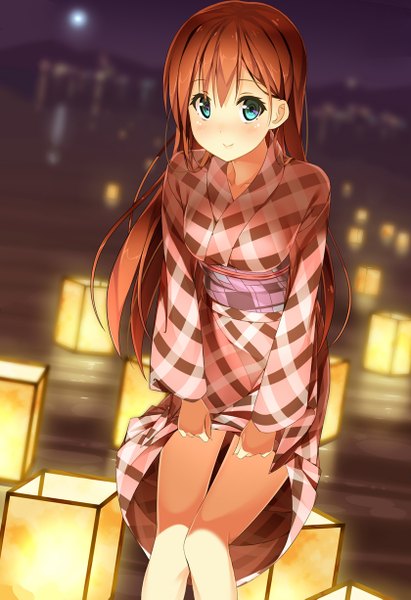Anime picture 840x1225 with original hatsuki kaname kaname (you02421) single long hair tall image looking at viewer blush blue eyes smile brown hair traditional clothes japanese clothes girl kimono obi lamp