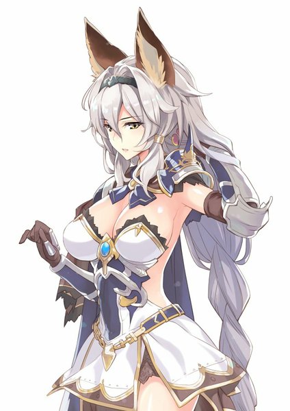 Anime picture 636x900 with granblue fantasy heles amano yuu single long hair tall image fringe breasts light erotic simple background large breasts standing white background animal ears yellow eyes cleavage silver hair braid (braids) parted lips midriff