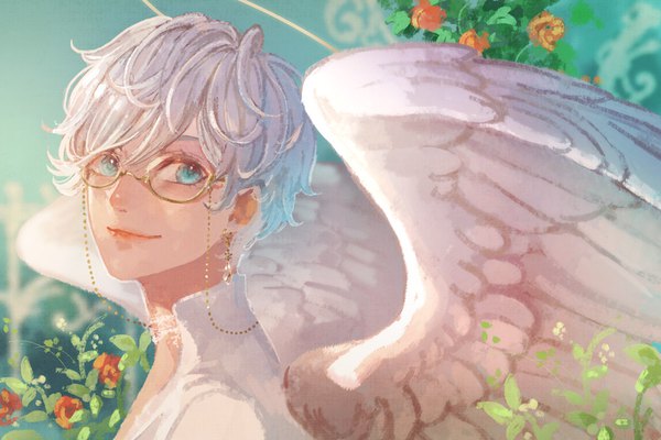 Anime picture 1000x667 with original m/g single fringe short hair blue eyes smile hair between eyes upper body white hair sunlight angel wings white wings angel boy flower (flowers) plant (plants) earrings wings choker