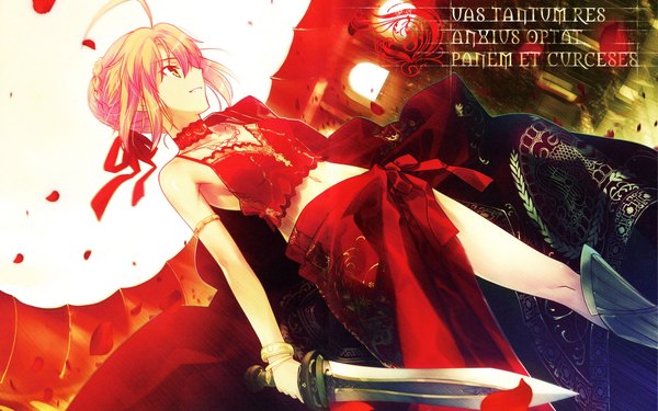 Anime picture 1920x1200 with fate (series) fate/stay night studio deen type-moon artoria pendragon (all) saber highres blonde hair wide image girl ribbon (ribbons) weapon hair ribbon petals sword collar