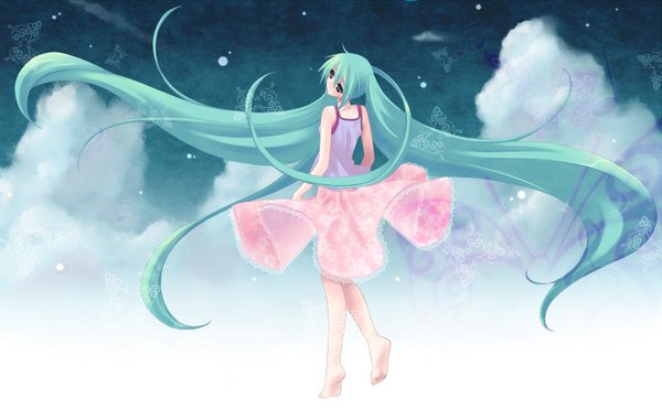 Anime picture 3063x1941 with vocaloid hatsune miku single long hair highres twintails green eyes cloud (clouds) looking back green hair girl sundress