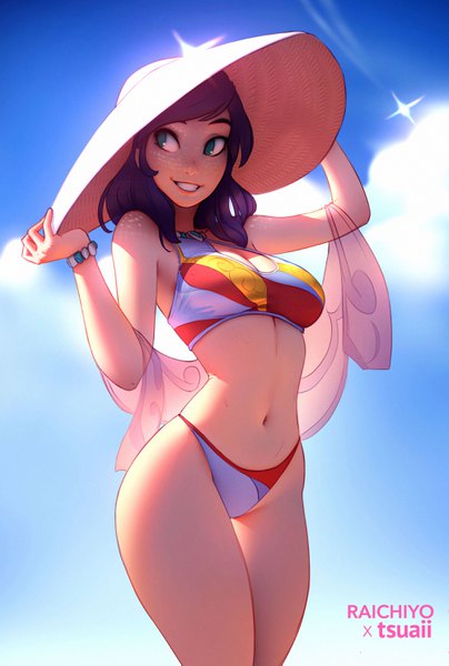 Anime picture 2000x2965 with original carlos eduardo tsuaii single long hair tall image fringe highres breasts blue eyes light erotic smile standing bare shoulders signed looking away sky purple hair cloud (clouds) outdoors