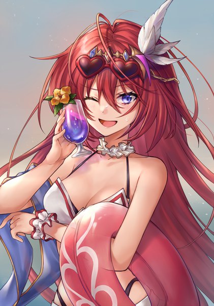 Anime picture 1053x1500 with granblue fantasy godguard brodia shiao single long hair tall image fringe breasts open mouth light erotic hair between eyes purple eyes upper body red hair ;d sunglasses on head girl hair ornament swimsuit bikini