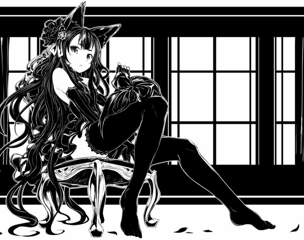 Anime picture 1541x1219 with ore no imouto ga konna ni kawaii wake ga nai gokou ruri shibano kaito single looking at viewer fringe light erotic sitting animal ears payot bent knee (knees) indoors very long hair parted lips hair flower cat ears from below no shoes zettai ryouiki monochrome