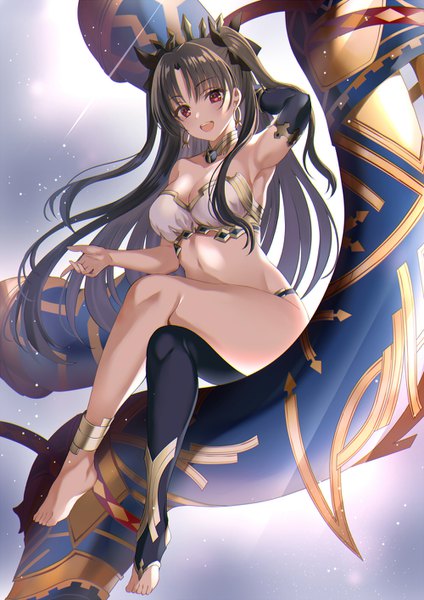 Anime picture 1000x1414 with fate (series) fate/grand order ishtar (fate) harimoji single long hair tall image looking at viewer blush fringe breasts open mouth light erotic black hair simple background smile red eyes large breasts sitting bare shoulders