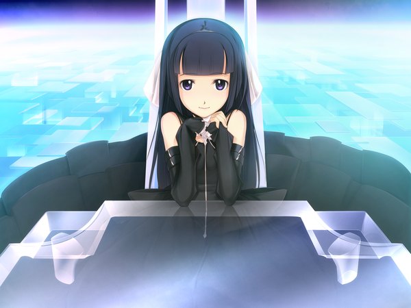 Anime picture 1600x1200 with black hair purple eyes game cg girl detached sleeves