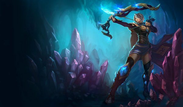 Anime picture 1024x604 with league of legends ashe (league of legends) single short hair wide image looking away grey hair blue background shot girl bow weapon armor knee boots crystal bow (weapon) arrow (arrows) cave