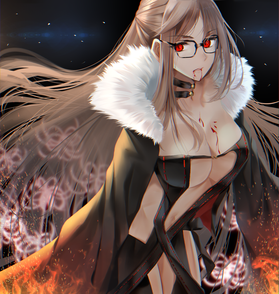 Anime picture 1000x1053 with fate (series) fate/grand order yu mei-ren (fate) nicky w single long hair tall image looking at viewer fringe breasts light erotic red eyes brown hair large breasts standing payot fur trim floating hair dark background slit pupils