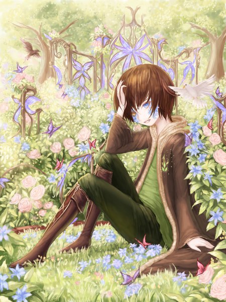 Anime picture 1200x1600 with original rinmmo single tall image looking at viewer fringe short hair blue eyes hair between eyes brown hair sitting yellow eyes full body outdoors parted lips open clothes arm support heterochromia hand on head boy