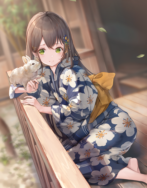 Anime picture 2617x3324 with bang dream! hanazono tae nogi momoko single long hair tall image blush fringe highres smile brown hair sitting green eyes looking away outdoors traditional clothes japanese clothes barefoot blurry wide sleeves