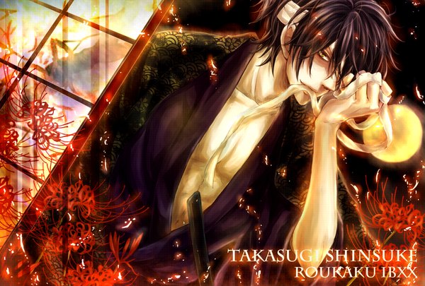 Anime picture 1748x1181 with gintama sunrise (studio) takasugi shinsuke roukaku17 single highres short hair black hair yellow eyes traditional clothes inscription text english bandage over one eye boy flower (flowers) weapon sword hairband katana