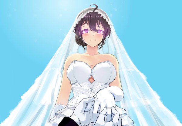 Anime picture 3700x2570 with original miyaura sanshio beifeng han single looking at viewer blush fringe highres breasts smile hair between eyes large breasts purple eyes bare shoulders absurdres ahoge sleeveless outstretched arm holding hands blue background
