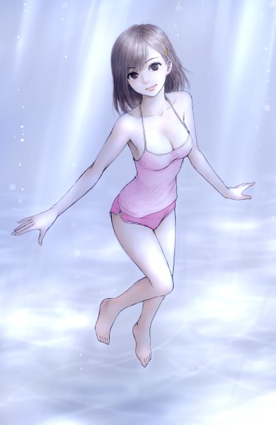 Anime picture 820x1260 with original erurodo (artist) single tall image looking at viewer short hair light erotic brown hair bare shoulders brown eyes cleavage barefoot light smile bare legs legs underwear only spread arms underwater girl hair ornament