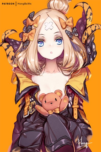 Anime picture 533x800 with fate (series) fate/grand order abigail williams (fate) hong (white spider) single long hair tall image looking at viewer blush fringe open mouth blue eyes light erotic simple background blonde hair holding signed yellow eyes upper body open jacket