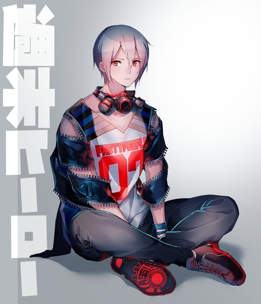 Anime picture 2540x2956 with original yukishima bema single tall image looking at viewer fringe highres short hair simple background hair between eyes red eyes white background sitting silver hair full body bent knee (knees) gradient background text hieroglyph soles