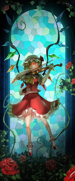 Anime picture 900x2180 with touhou flandre scarlet madcocoon single tall image fringe short hair blonde hair hair between eyes red eyes holding looking away full body glowing glowing eye (eyes) frilly skirt playing instrument girl skirt flower (flowers)