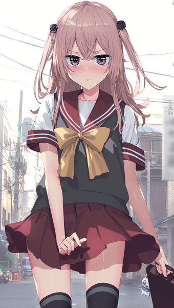 Anime picture 1553x2739 with sono bisque doll wa koi wo suru cloverworks inui sajuna xkirara39x single long hair tall image looking at viewer blush fringe hair between eyes pink hair outdoors pleated skirt pink eyes two side up embarrassed girl thighhighs skirt