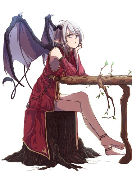 Anime picture 1000x1412 with enoshito single tall image looking at viewer fringe short hair simple background white background sitting silver hair tail barefoot pointy ears bare legs legs crossed legs demon girl demon tail silver eyes demon wings