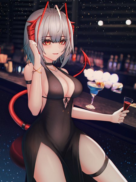 Anime picture 3000x4000 with arknights w (arknights) absurd fox single tall image looking at viewer blush fringe highres short hair breasts open mouth light erotic hair between eyes red eyes large breasts sitting holding ahoge indoors