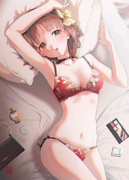 Anime picture 1813x2537 with idolmaster idolmaster (classic) amami haruka takumoyuha single tall image looking at viewer blush fringe highres short hair breasts open mouth light erotic brown hair green eyes indoors lying blunt bangs parted lips