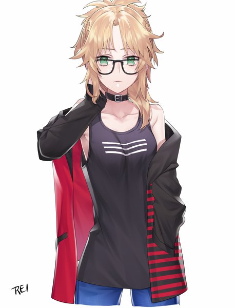 Anime picture 1222x1600 with fate (series) fate/grand order mordred (fate) ichinose rei single long hair tall image looking at viewer fringe breasts simple background blonde hair white background green eyes signed payot upper body ponytail off shoulder open jacket