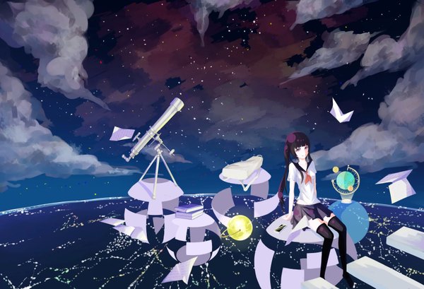 Anime picture 1600x1091 with original .l.l single long hair smile red eyes sitting twintails sky purple hair cloud (clouds) night girl thighhighs skirt black thighhighs book (books) paper telescope