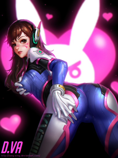 Anime picture 1500x2000 with overwatch blizzard entertainment d.va (overwatch) liang xing single long hair tall image looking at viewer blush fringe breasts light erotic simple background brown hair standing brown eyes signed ass parted lips looking back