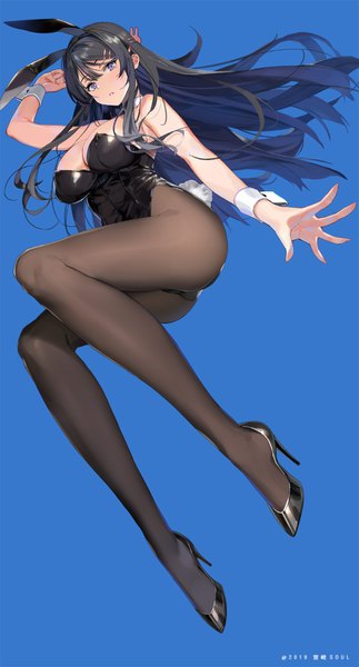 Anime picture 809x1500 with seishun buta yarou cloverworks sakurajima mai miyazaki byou single long hair tall image looking at viewer fringe breasts blue eyes light erotic black hair simple background large breasts signed animal ears full body tail parted lips