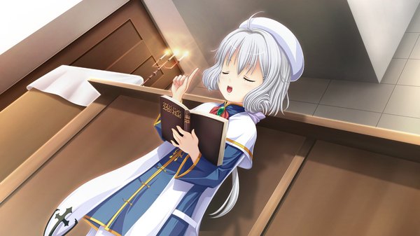 Anime picture 1280x720 with hatsukoi sacrament noa (hatsukoi sacrament) single open mouth wide image game cg silver hair eyes closed loli girl book (books)