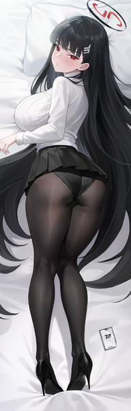 Anime picture 2000x6250 with blue archive rio (blue archive) preview (preview0) single tall image looking at viewer blush fringe highres breasts light erotic black hair red eyes large breasts full body ass indoors lying blunt bangs long sleeves