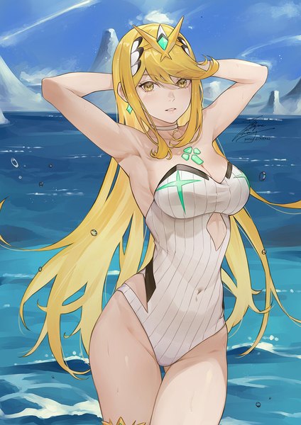 Anime picture 1061x1500 with xenoblade xenoblade 2 mythra (xenoblade) fadingz single long hair tall image looking at viewer blush fringe breasts light erotic blonde hair hair between eyes large breasts standing signed yellow eyes payot sky