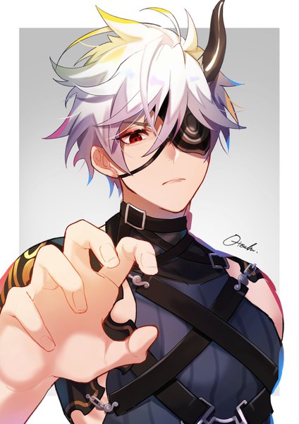 Anime picture 1200x1697 with touken ranbu nitroplus onimaru kunitsuna otoufu (gotouhu) single tall image fringe short hair simple background hair between eyes red eyes signed silver hair upper body horn (horns) fingernails grey background outstretched hand boy eyepatch