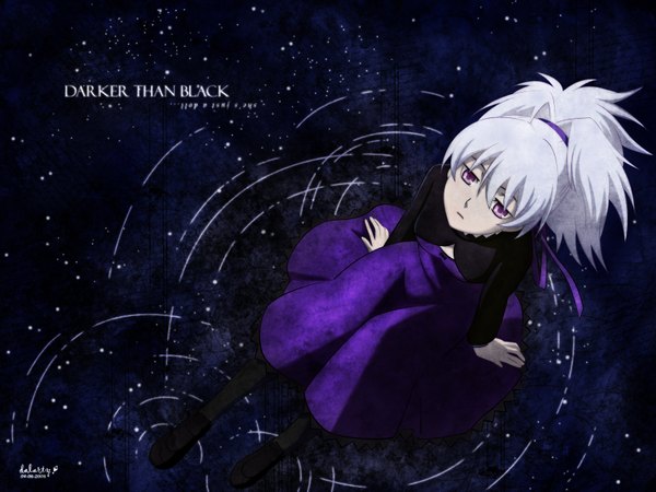 Anime picture 1600x1200 with darker than black studio bones yin (darker than black) sitting purple eyes white hair ponytail dress water