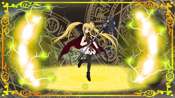 Anime picture 1280x720 with mahou shoujo lyrical nanoha fate testarossa bardiche nanohamagica single long hair looking at viewer fringe blonde hair hair between eyes red eyes wide image standing twintails holding payot full body sleeveless standing on one leg electricity