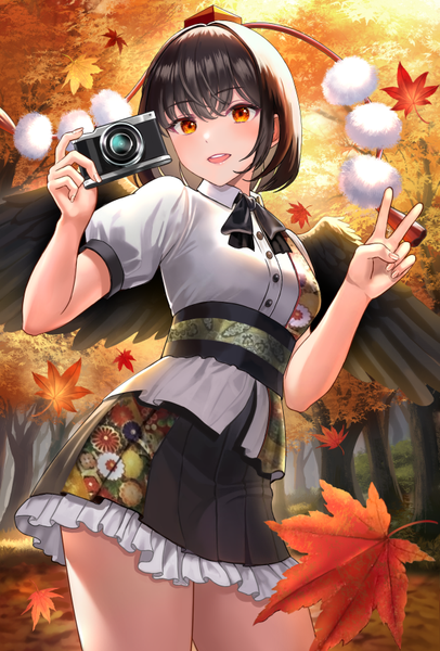 Anime picture 591x874 with touhou shameimaru aya uemura shun single tall image fringe short hair open mouth black hair hair between eyes red eyes standing outdoors :d from below victory black wings autumn girl wings