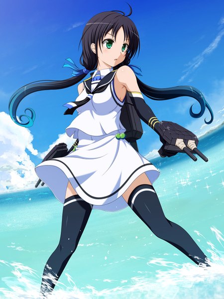 Anime picture 1200x1600 with kantai collection suzukaze destroyer shira-nyoro long hair tall image black hair twintails bare shoulders green eyes looking away sky cloud (clouds) girl thighhighs gloves weapon black thighhighs black gloves water elbow gloves