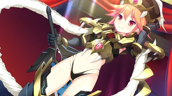 Anime picture 1280x720 with kimi to boku to no kishi no hibi: rakuen no chevalier short hair light erotic blonde hair smile wide image game cg midriff orange eyes girl gloves navel weapon sword elbow gloves armor