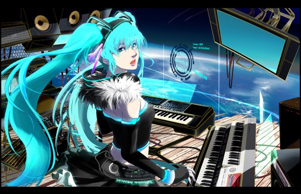 Anime picture 1444x936 with vocaloid hatsune miku long hair open mouth blue eyes twintails looking back green hair aqua hair girl gloves headphones fingerless gloves musical instrument wire (wires) planet monitor speakers boa synthesizer