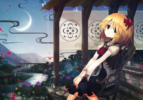 Anime picture 1500x1050 with touhou rumia kusakanmuri single looking at viewer short hair blonde hair smile red eyes sitting sky mountain crescent river girl flower (flowers) bow hair bow petals bracelet