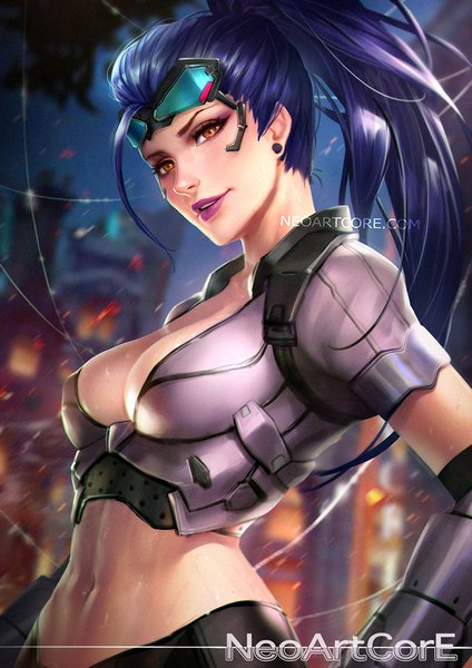 Anime picture 700x990 with overwatch blizzard entertainment widowmaker (overwatch) talon widowmaker nudtawut thongmai single long hair tall image looking at viewer breasts light erotic signed blue hair cleavage ahoge upper body ponytail parted lips light smile realistic