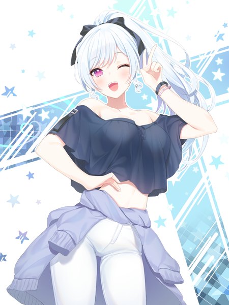 Anime picture 1500x2000 with original a20 (atsumaru) single long hair tall image looking at viewer blush fringe breasts open mouth simple background smile hair between eyes standing bare shoulders payot white hair ponytail one eye closed pink eyes