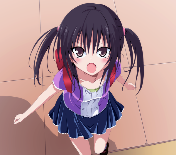 Anime picture 1900x1667 with toloveru xebec kotegawa yui eltk single long hair blush highres open mouth black hair twintails brown eyes pleated skirt from above coloring girl skirt backpack randoseru