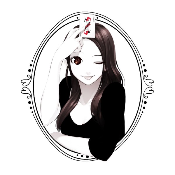 Anime picture 1280x1280 with original poaro single long hair looking at viewer brown hair white background holding brown eyes one eye closed light smile wink portrait hand on head pointing girl dress tongue black dress card (cards)