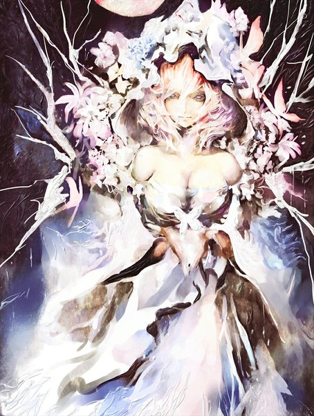 Anime picture 900x1189 with touhou saigyouji yuyuko kataru (ubw-emiya) single tall image looking at viewer fringe short hair breasts light erotic smile large breasts purple eyes bare shoulders pink hair traditional clothes girl flower (flowers) hood insect