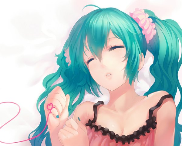 Anime picture 1107x886 with vocaloid hatsune miku yunohara konomi simple background white background twintails eyes closed very long hair aqua hair sleeping girl sundress