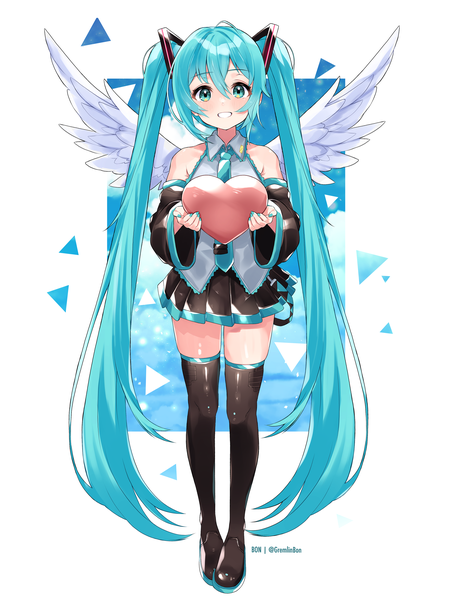 Anime picture 3000x3999 with vocaloid hatsune miku gremlinbon single tall image looking at viewer fringe highres smile hair between eyes twintails holding signed very long hair nail polish pleated skirt aqua eyes aqua hair zettai ryouiki grin