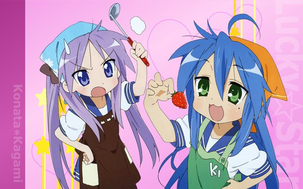 Anime picture 1680x1050 with lucky star kyoto animation izumi konata hiiragi kagami wide image girl food berry (berries) strawberry