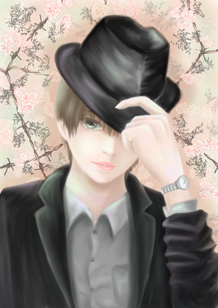 Anime picture 2894x4093 with original satsuki (pixiv17897373) single tall image looking at viewer highres short hair brown hair upper body parted lips lips grey eyes adjusting hat floral background hat over eyes boy shirt clock wristwatch