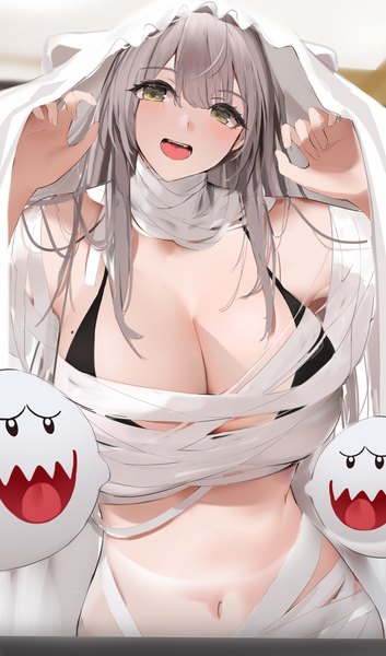 Anime picture 1110x1888 with super mario bros. virtual youtuber hololive shirogane noel boo (mario) niii (memstapak) single long hair tall image looking at viewer blush fringe breasts open mouth light erotic hair between eyes large breasts standing green eyes silver hair